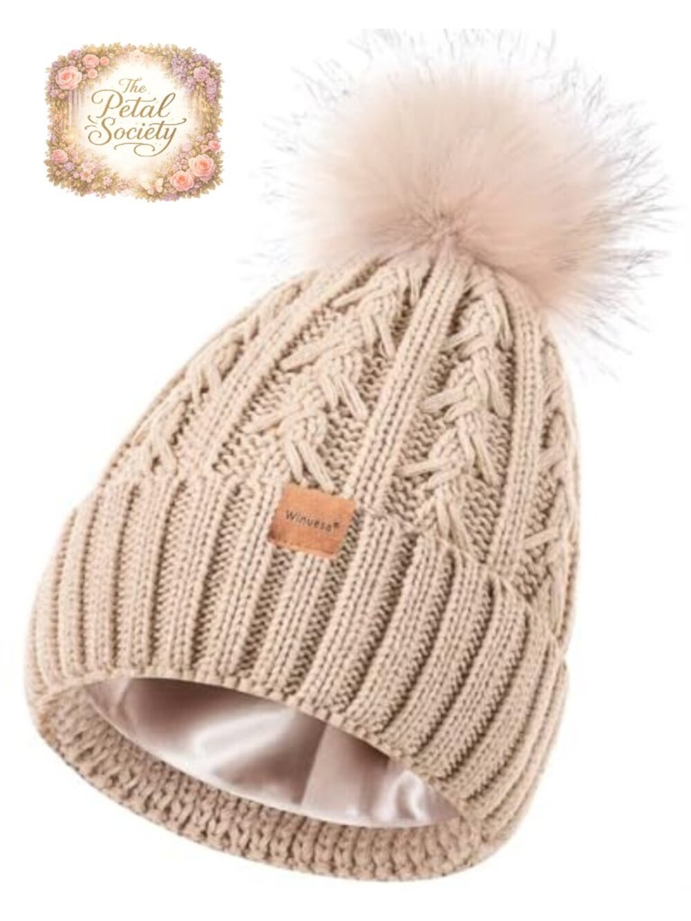 Satin Lined Beanie Women Pom Pom Warm Knit Winter Hat Skull Cap